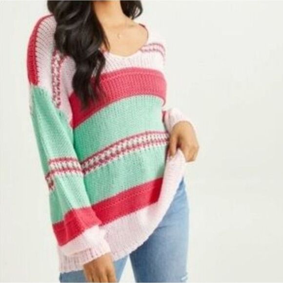 Altar'd State Colorblock Striped Crochet V- Neck Sweater Size Small Relaxed Fit - Picture 2 of 13